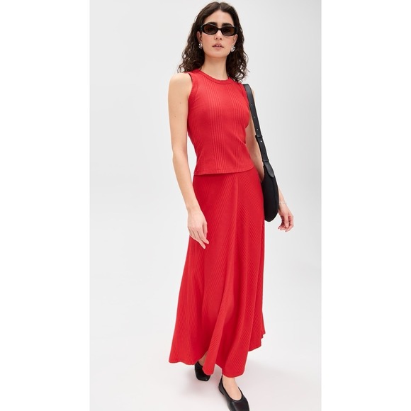 Wyeth Hart Chevron Knit Midi Skirt Red Ribbed Pull On MSRP $207 New